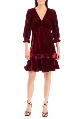 Women's 3/4 Sleeve V-Neck Solid Velvet Babydoll Dress