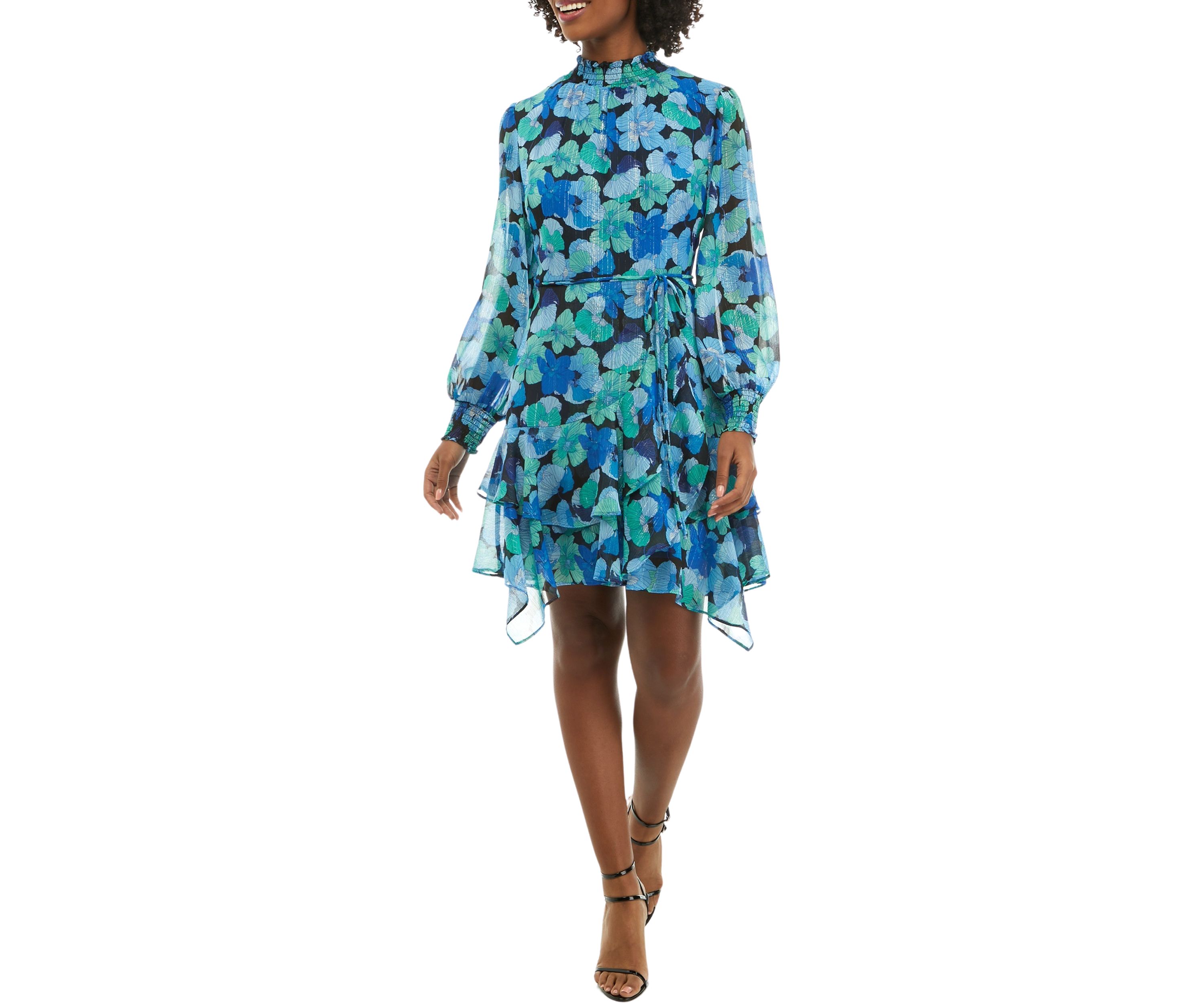 Womens Long Sleeve Mock Neck Floral Tie Waist Fit and Flare Dress