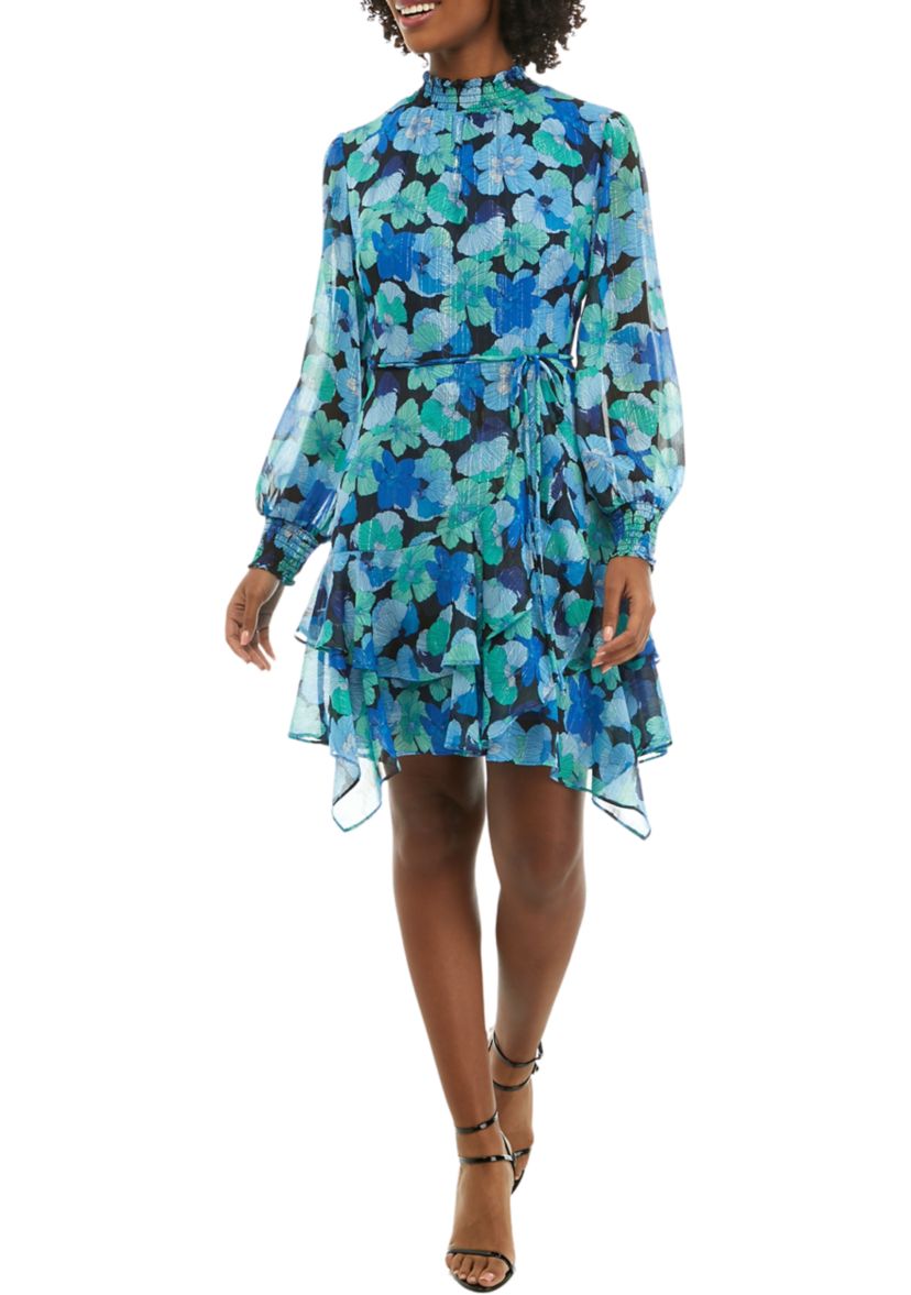 Womens Long Sleeve Mock Neck Floral Tie Waist Fit and Flare Dress