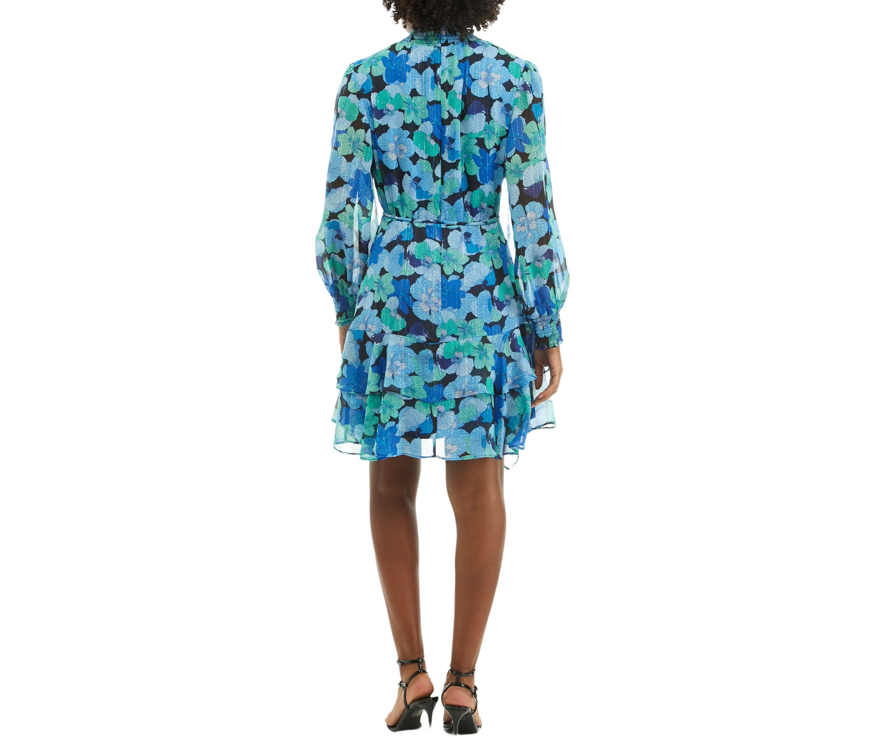 Womens Long Sleeve Mock Neck Floral Tie Waist Fit and Flare Dress