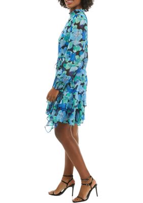 Women's Long Sleeve Mock Neck Floral Tie Waist Fit and Flare Dress