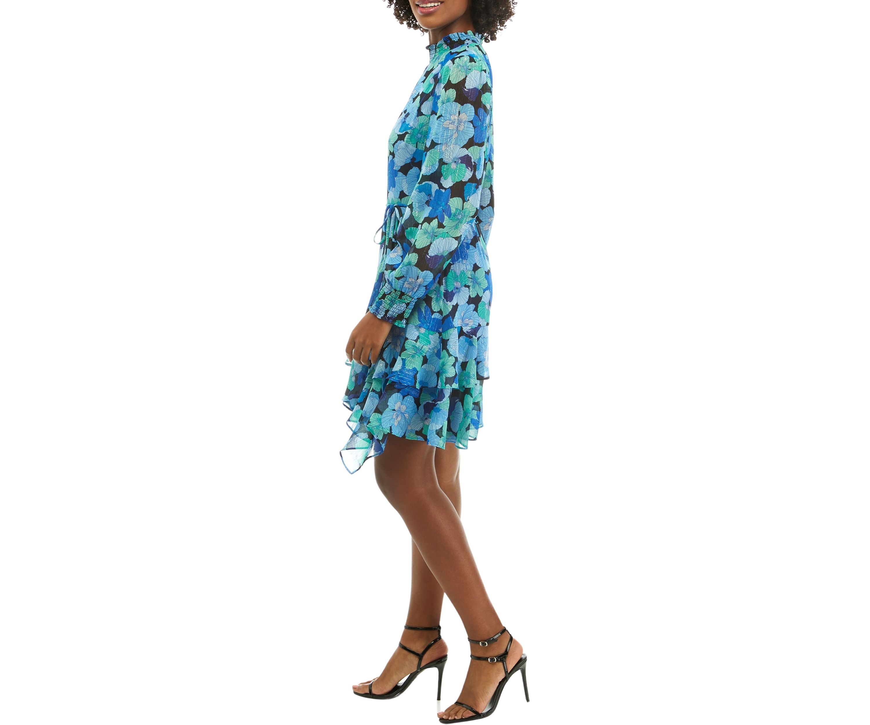 Womens Long Sleeve Mock Neck Floral Tie Waist Fit and Flare Dress