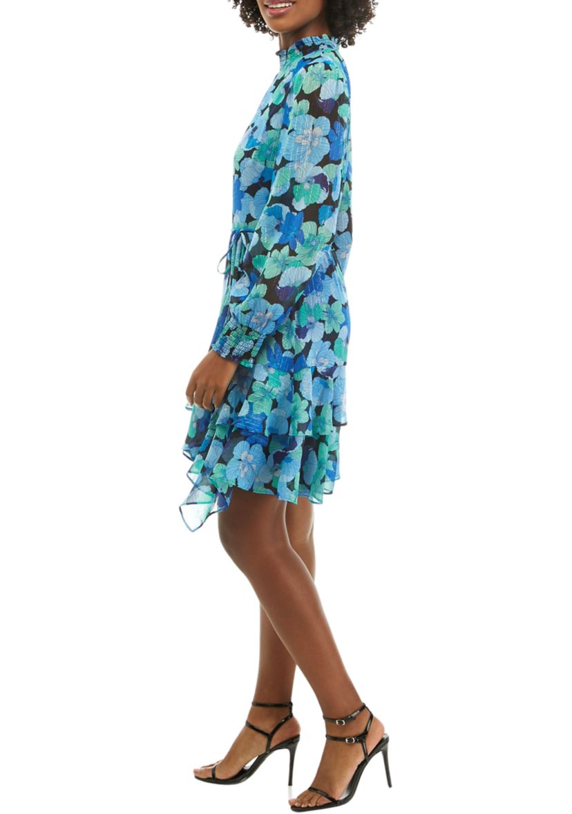Womens Long Sleeve Mock Neck Floral Tie Waist Fit and Flare Dress