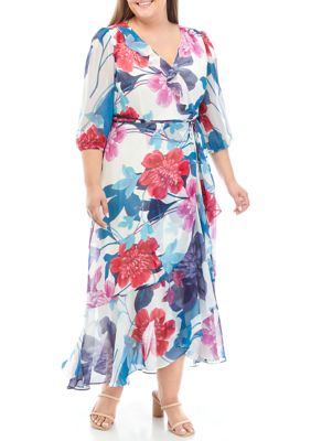 Plus 3/4 Sleeve V-Neck Floral Chiffon Maxi Dress