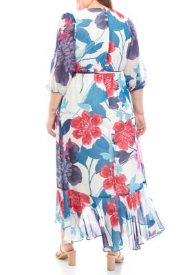 Plus 3/4 Sleeve V-Neck Floral Chiffon Maxi Dress
