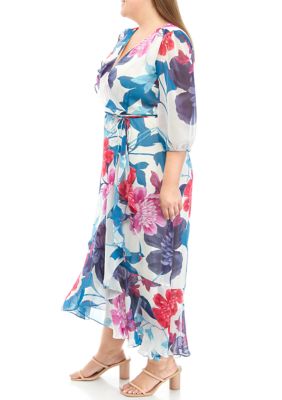Plus 3/4 Sleeve V-Neck Floral Chiffon Maxi Dress