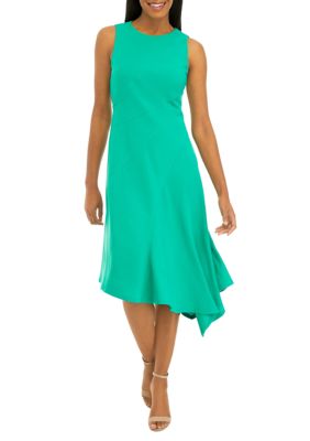 Women's Asymmetrical Hem Solid Crepe Fit and Flare Dress