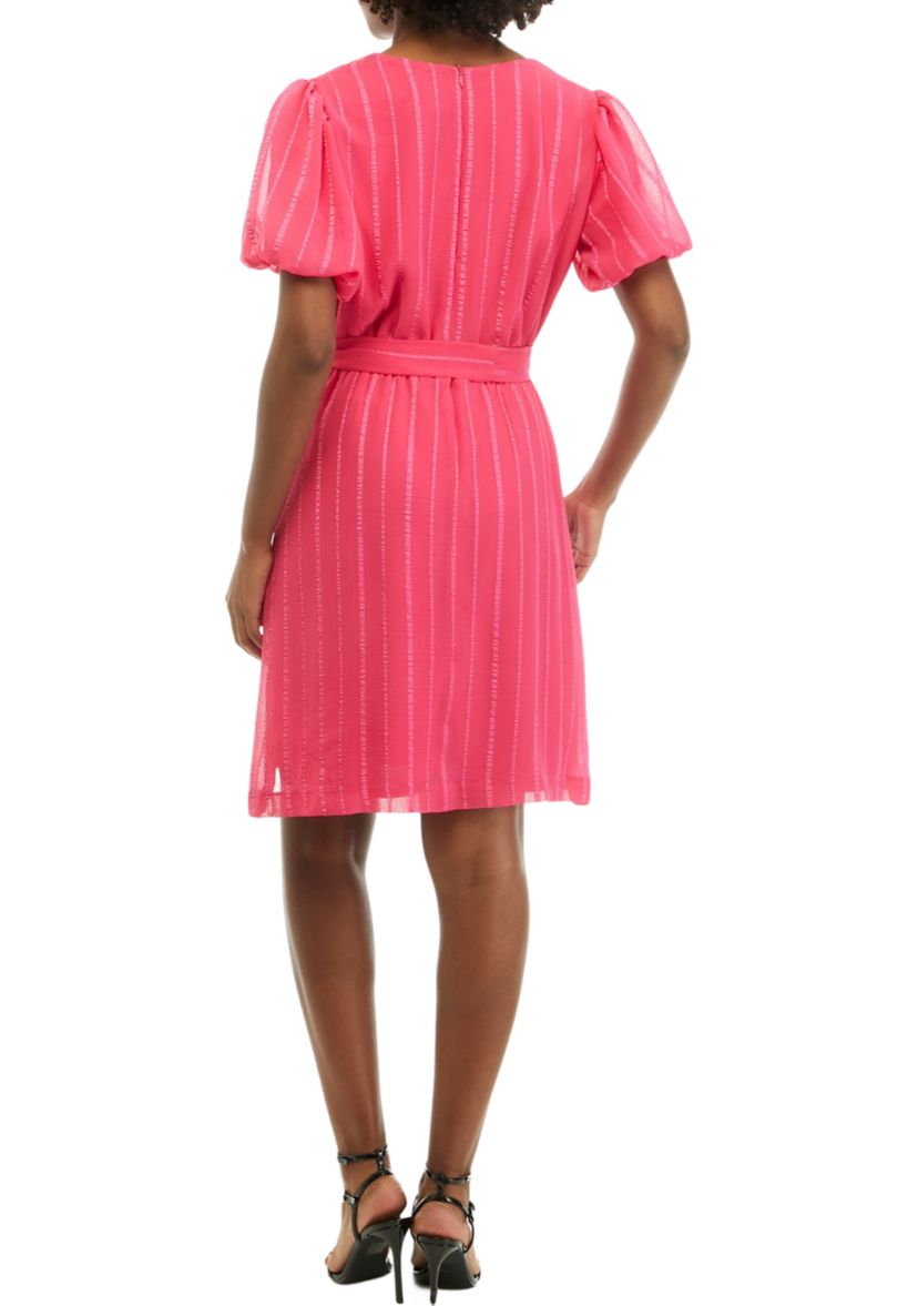 Womens Short Puff Sleeve Solid Gauze Fit and Flare Dress