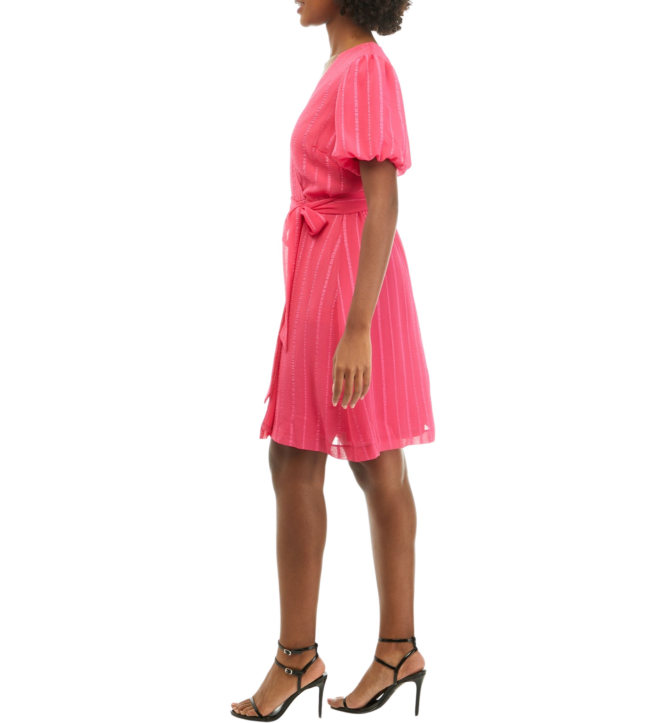 Womens Short Puff Sleeve Solid Gauze Fit and Flare Dress