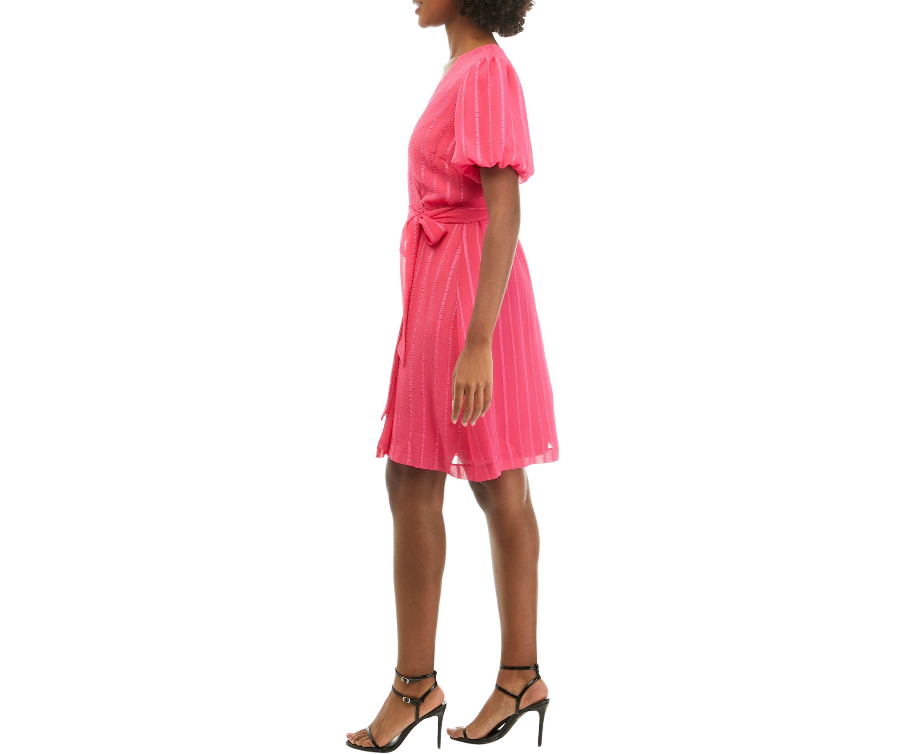 Womens Short Puff Sleeve Solid Gauze Fit and Flare Dress