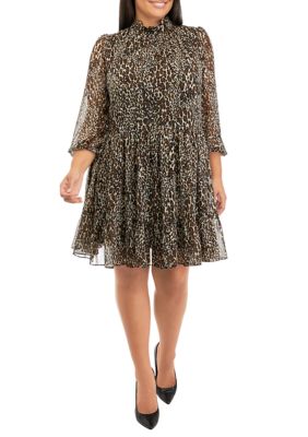 Plus 3/4 Sleeve Animal Print Chiffon Tiered Babydoll Dress