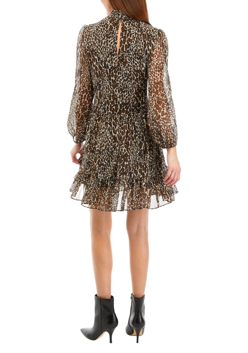 Womens Long Sleeve Animal Print Chiffon Tiered Babydoll Dress