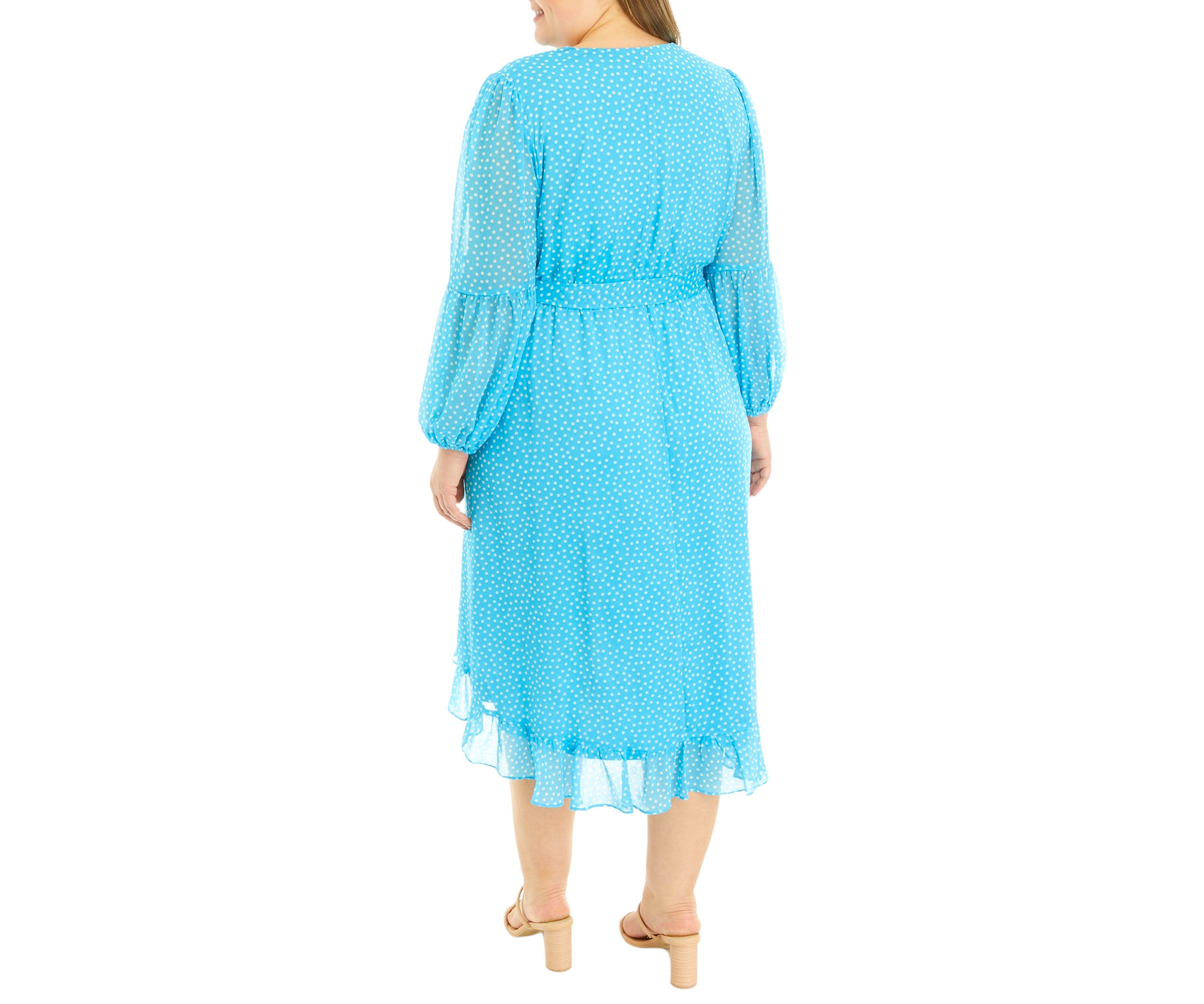 Plus Size Long Sleeve V-Neck Ruffle Dot Print Chiffon Dress
