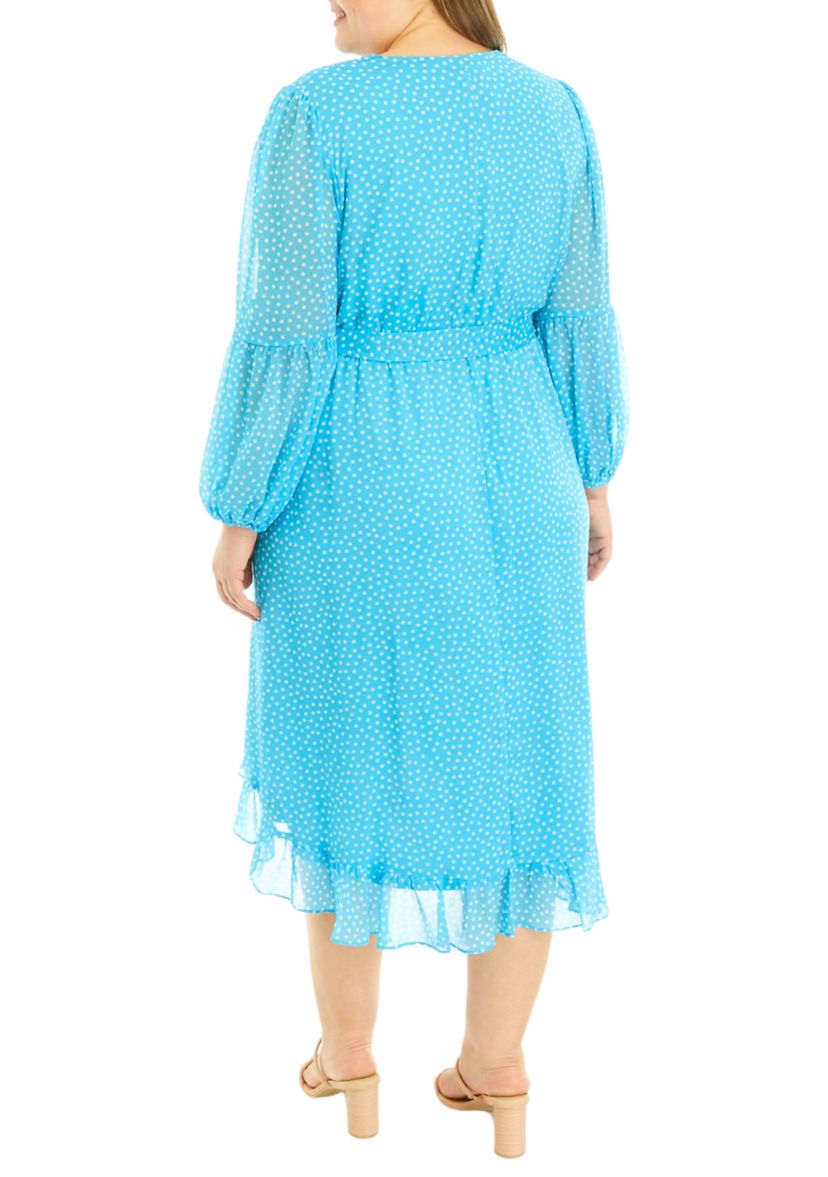 Plus Size Long Sleeve V-Neck Ruffle Dot Print Chiffon Dress
