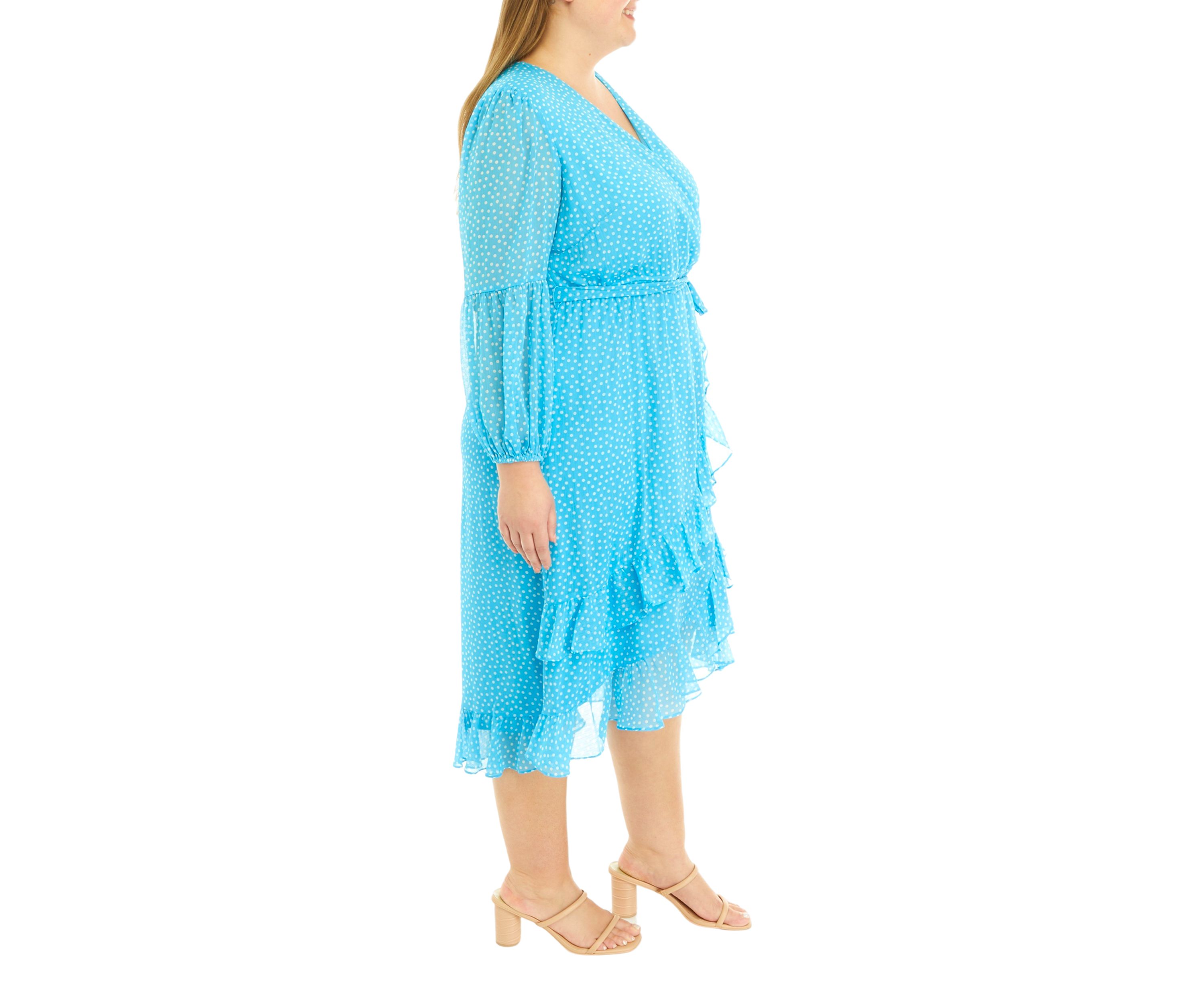 Plus Size Long Sleeve V-Neck Ruffle Dot Print Chiffon Dress