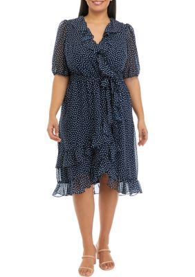 Plus Elbow Dot Print Chiffon Ruffle Wrap Midi Dress