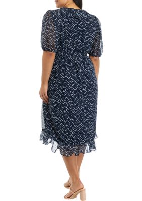 Plus Elbow Dot Print Chiffon Ruffle Wrap Midi Dress