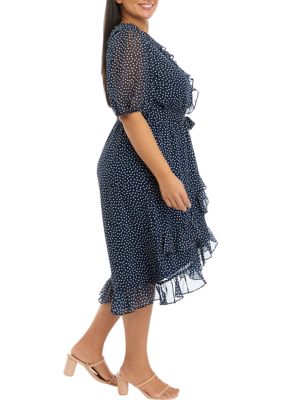 Plus Elbow Dot Print Chiffon Ruffle Wrap Midi Dress