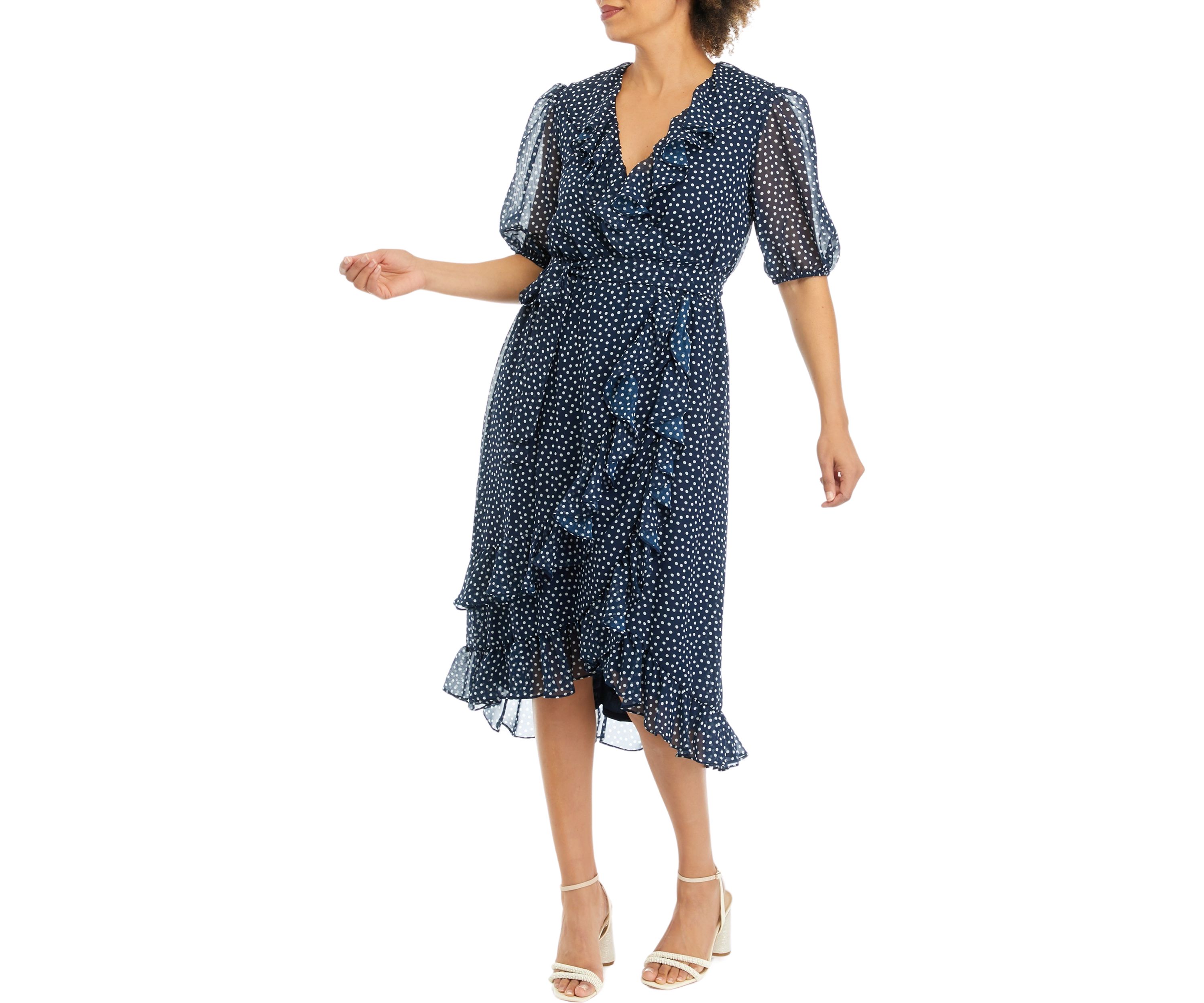 Womens Short Sleeve Dot Print Chiffon Ruffle Front Wrap Midi Dress