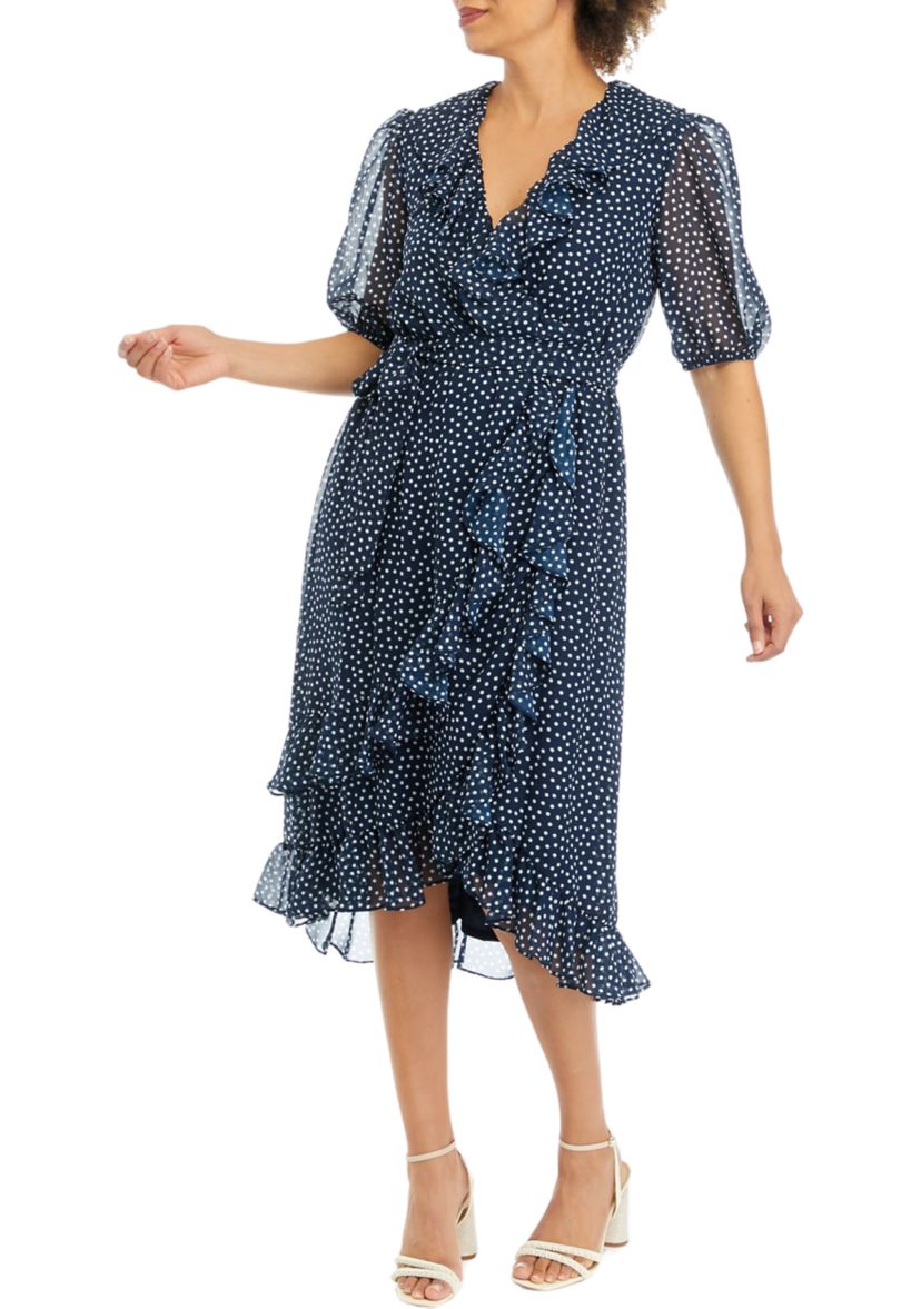Womens Short Sleeve Dot Print Chiffon Ruffle Front Wrap Midi Dress