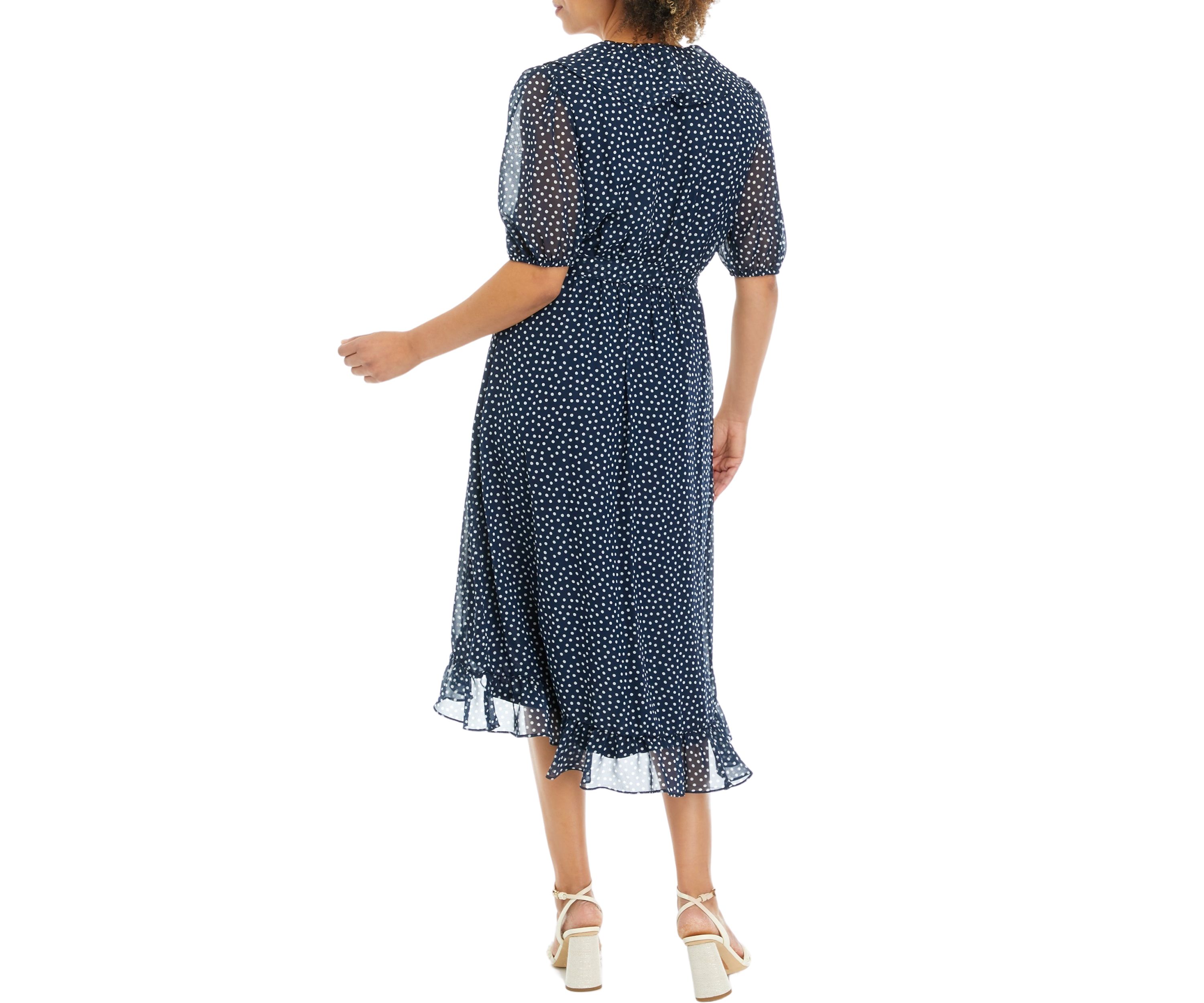 Womens Short Sleeve Dot Print Chiffon Ruffle Front Wrap Midi Dress