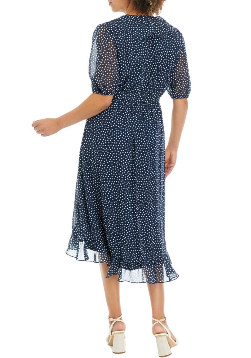 Womens Short Sleeve Dot Print Chiffon Ruffle Front Wrap Midi Dress