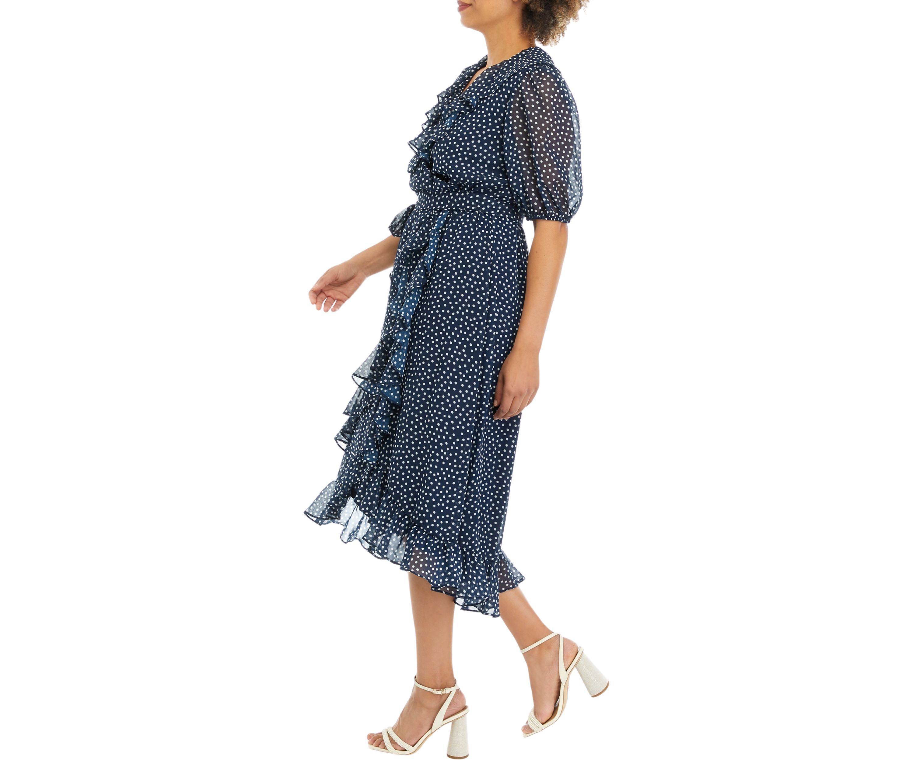 Womens Short Sleeve Dot Print Chiffon Ruffle Front Wrap Midi Dress