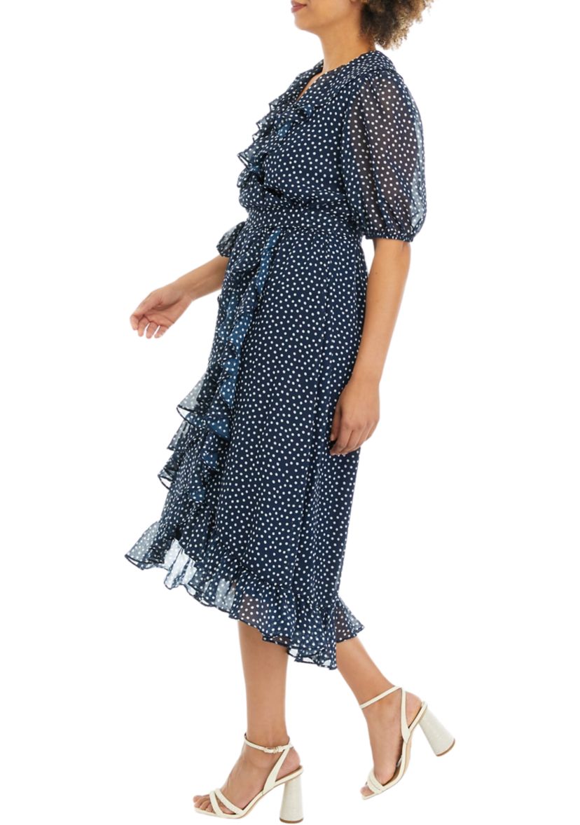 Womens Short Sleeve Dot Print Chiffon Ruffle Front Wrap Midi Dress