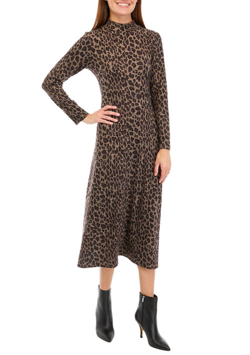 Womens Long Sleeve Mock Neck Animal Print Cozy Midi Dress