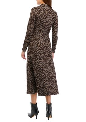 Women's Long Sleeve Mock Neck Animal Print Cozy Midi Dress