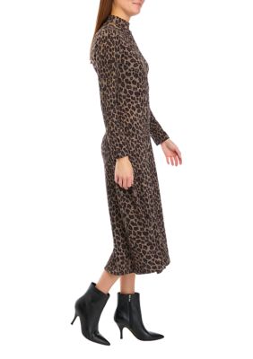 Women's Long Sleeve Mock Neck Animal Print Cozy Midi Dress