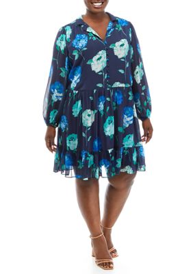 Plus Long Sleeve Floral Print Chiffon A-Line Dress