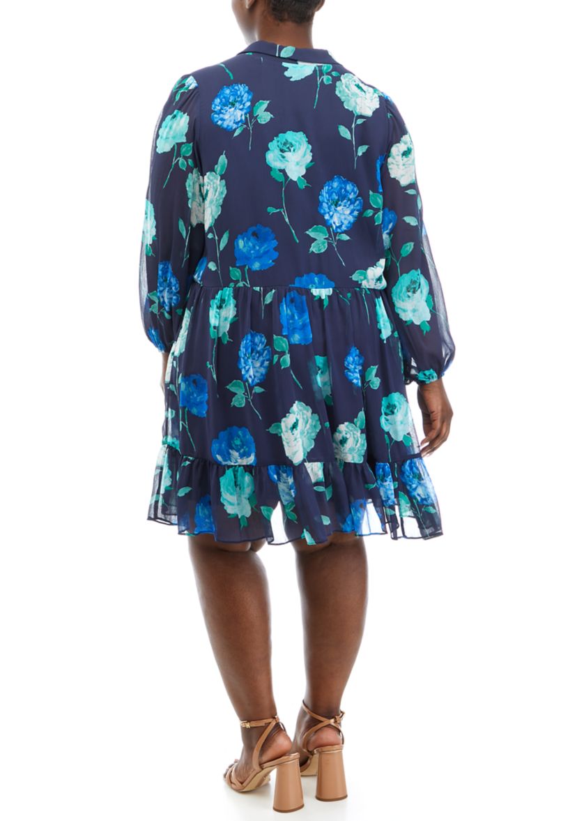 Plus Size Long Sleeve Floral Print Chiffon A-Line Dress