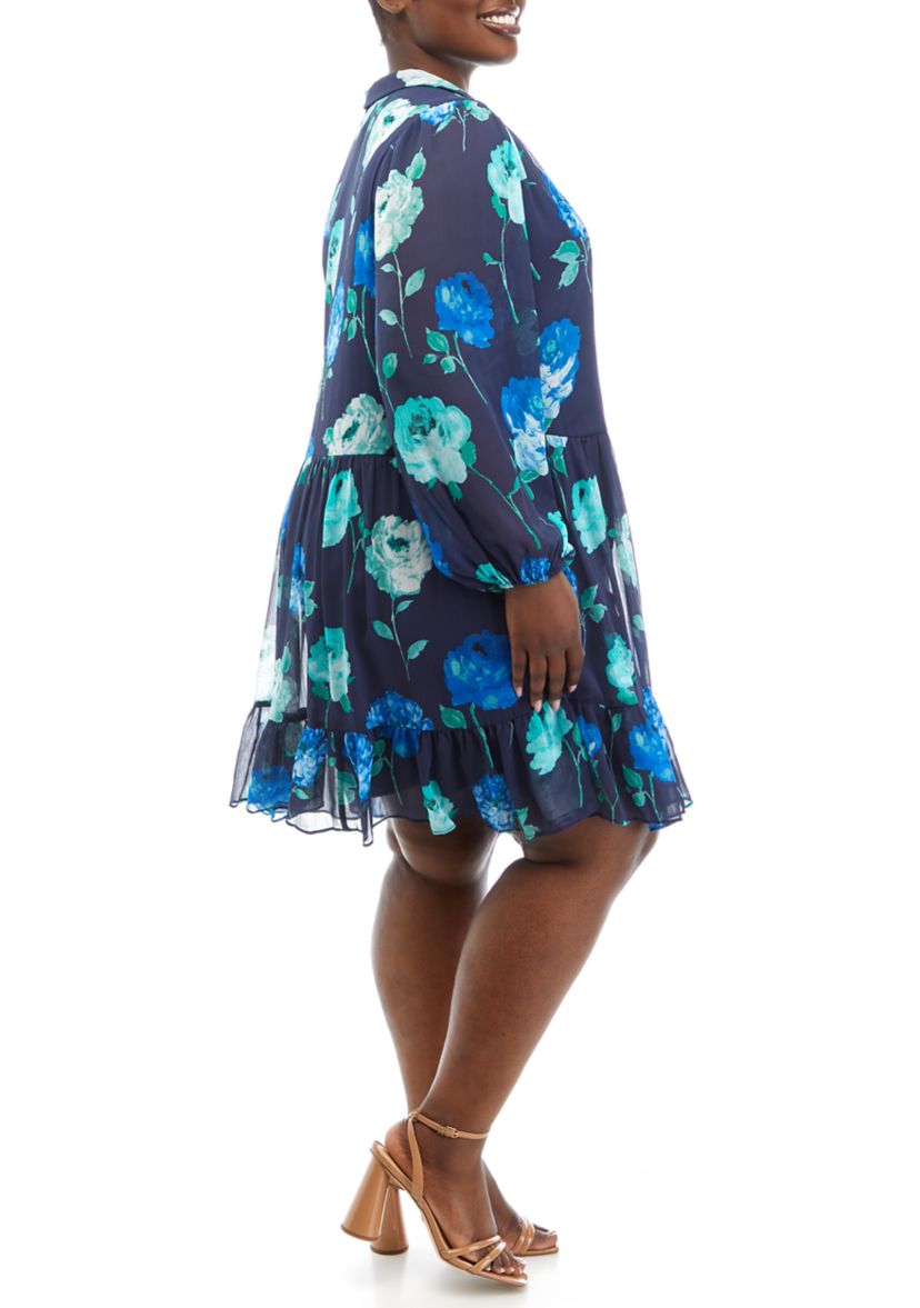 Plus Size Long Sleeve Floral Print Chiffon A-Line Dress