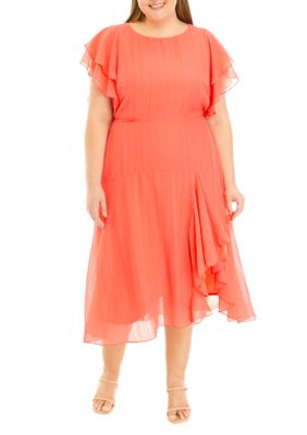 Plus Short Sleeve Round Neck Chiffon Midi Dress