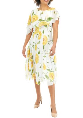 Women's Floral Printed Chiffon Fit and Flare Capelet Dress