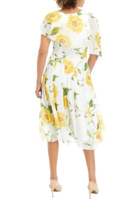 Women's Floral Printed Chiffon Fit and Flare Capelet Dress