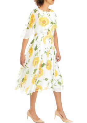 Women's Floral Printed Chiffon Fit and Flare Capelet Dress