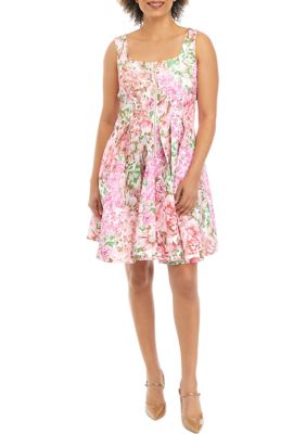 Women's Square Neck Floral Printed Jacquard Fit and Flare Dress