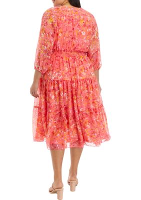 Plus Blouson Sleeve Floral Printed Smock Waist Chiffon Midi Dress