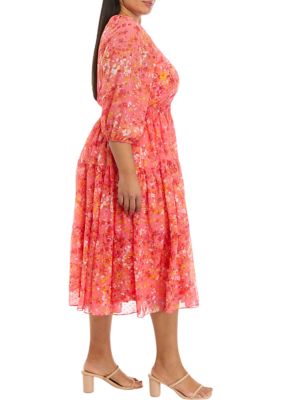 Plus Blouson Sleeve Floral Printed Smock Waist Chiffon Midi Dress