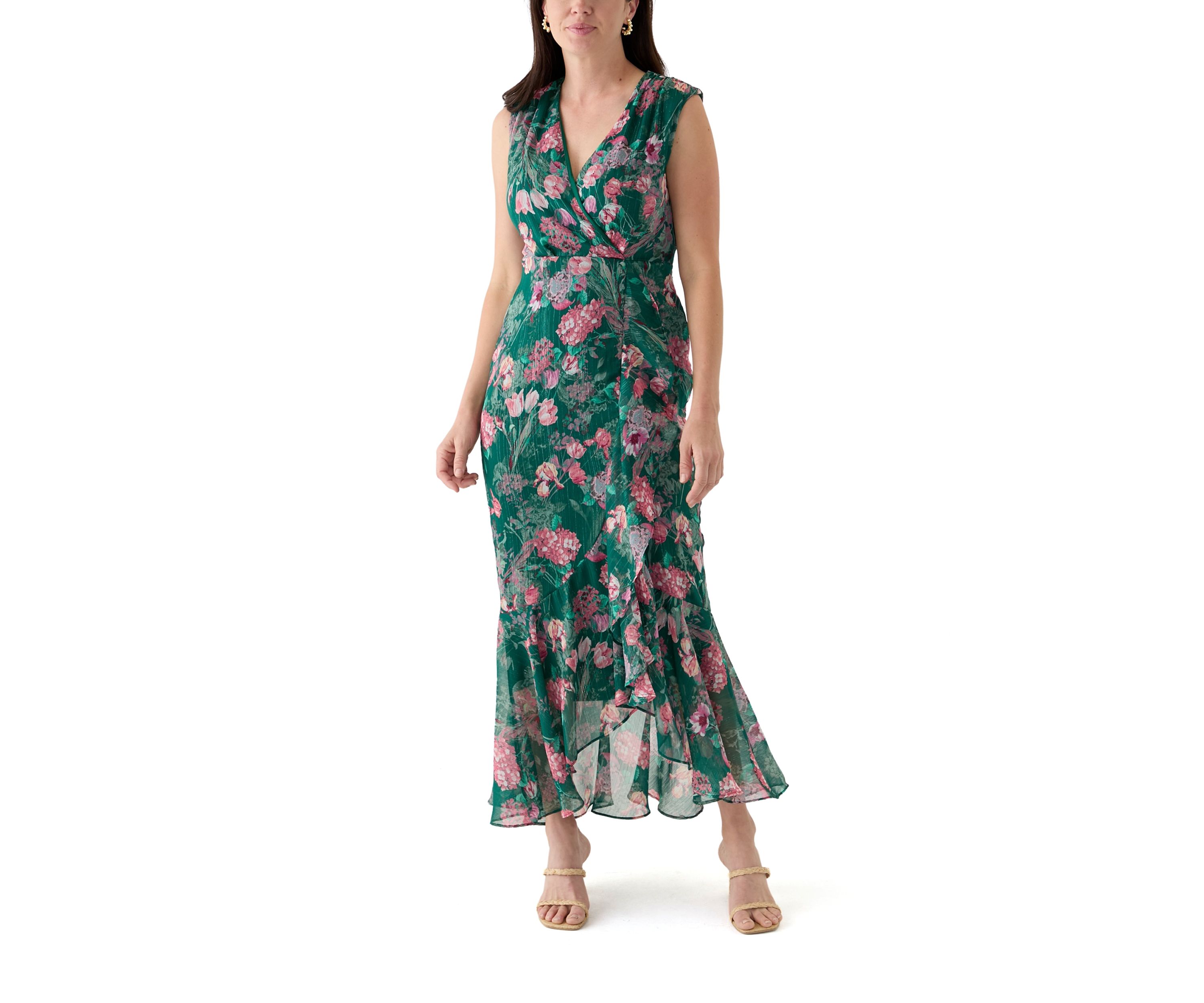 Womens Tie Waist Floral Chiffon Dress