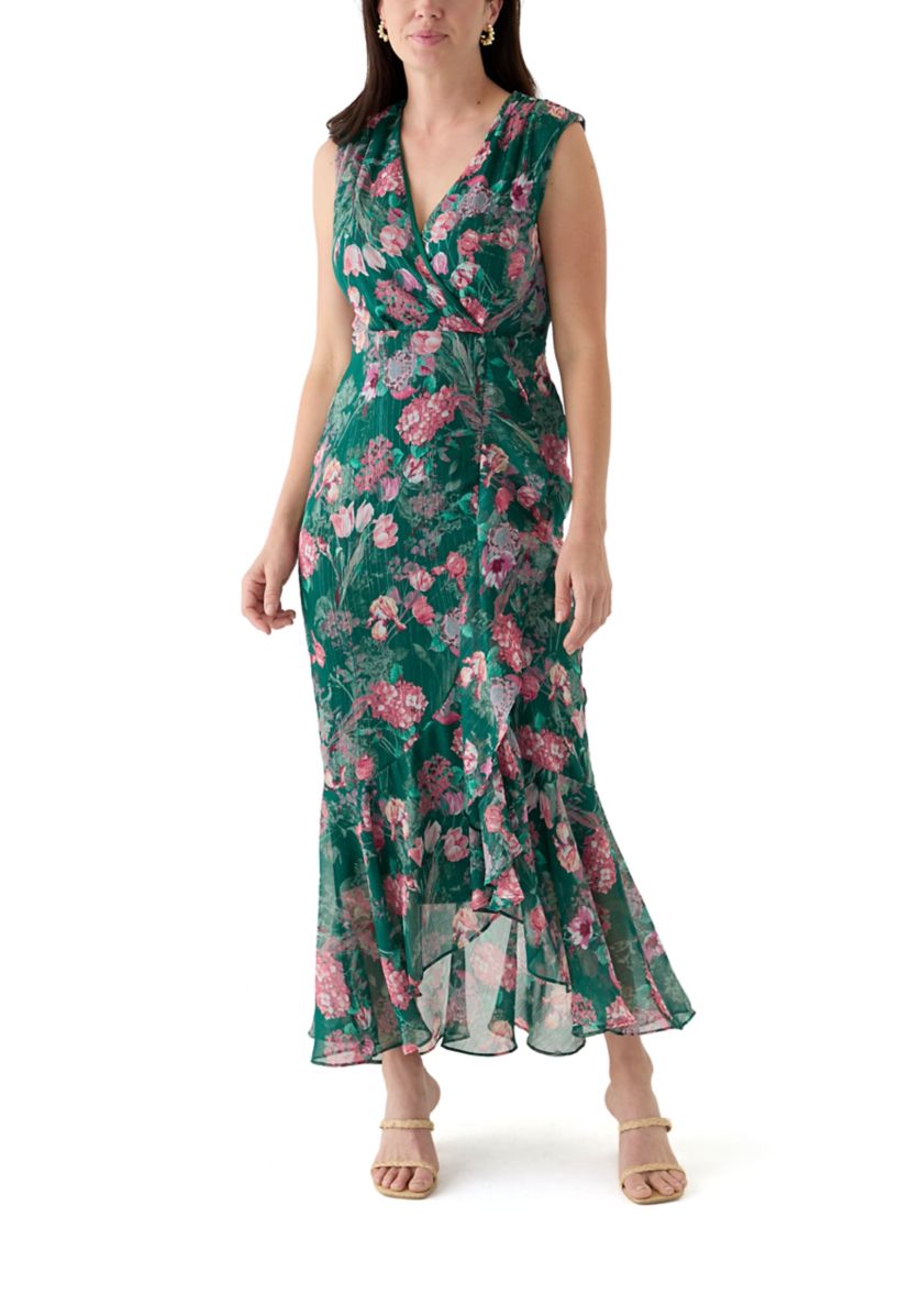 Womens Tie Waist Floral Chiffon Dress