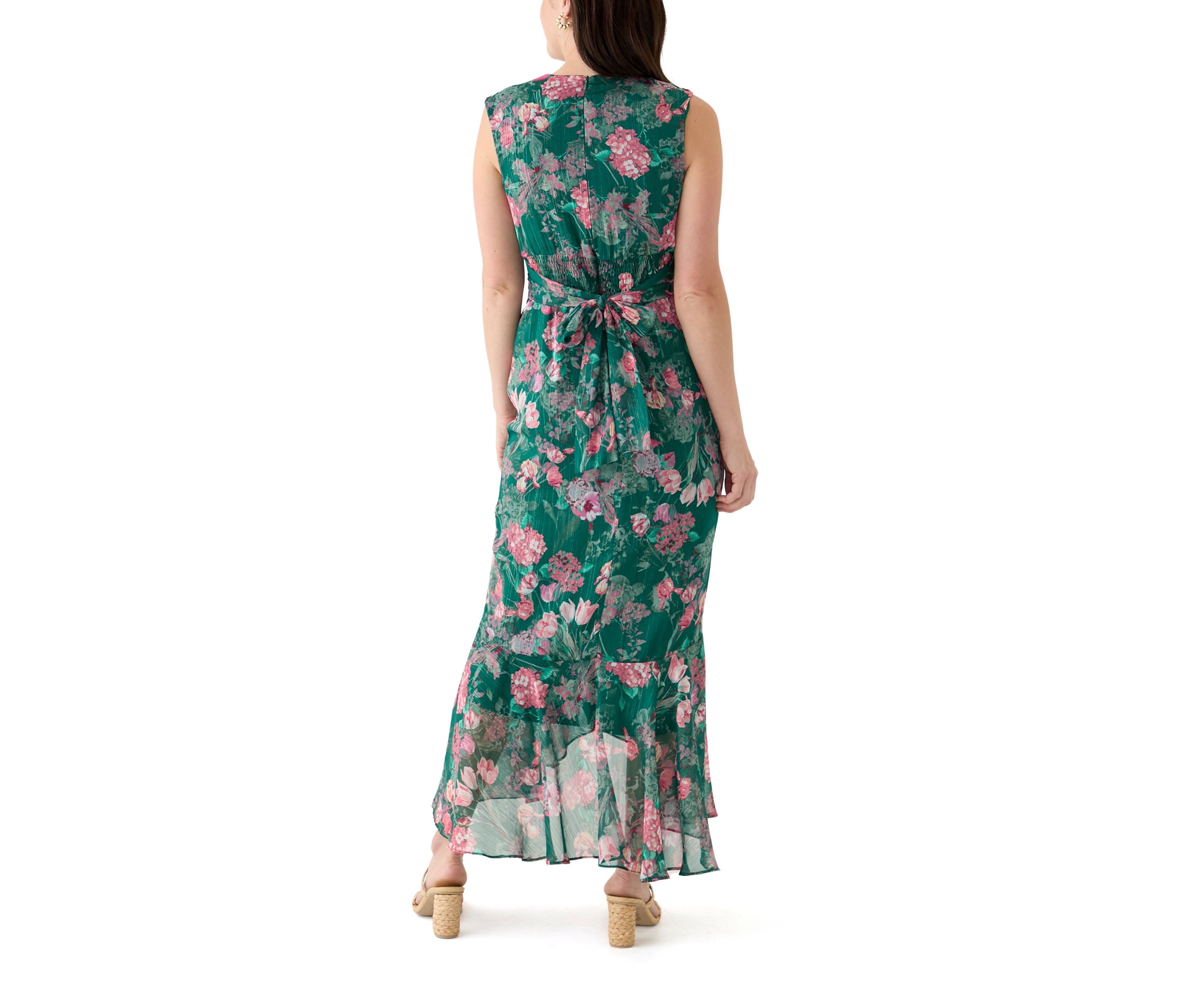 Womens Tie Waist Floral Chiffon Dress