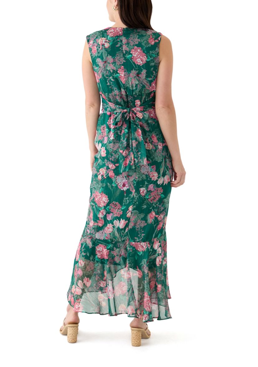 Womens Tie Waist Floral Chiffon Dress