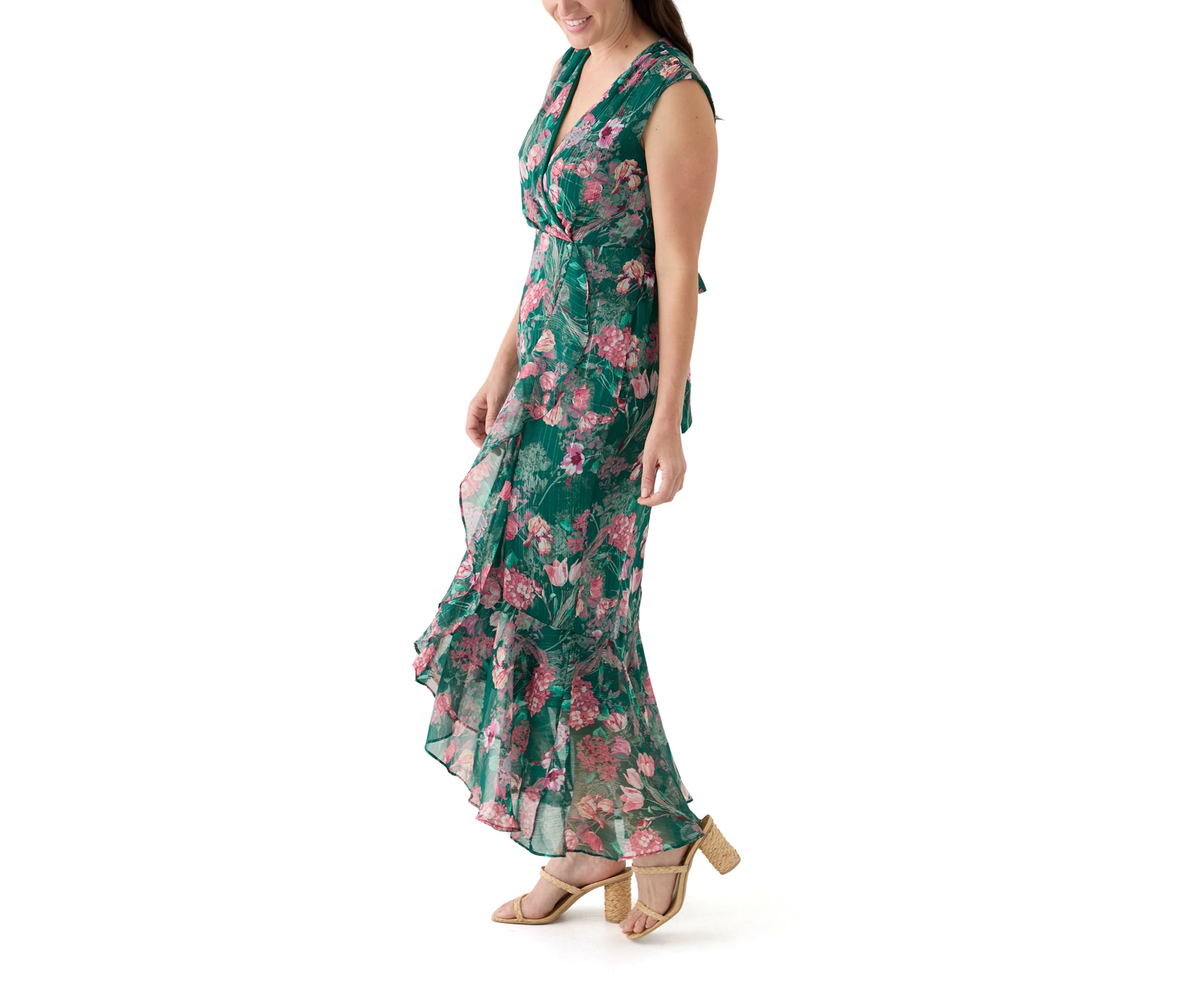 Womens Tie Waist Floral Chiffon Dress