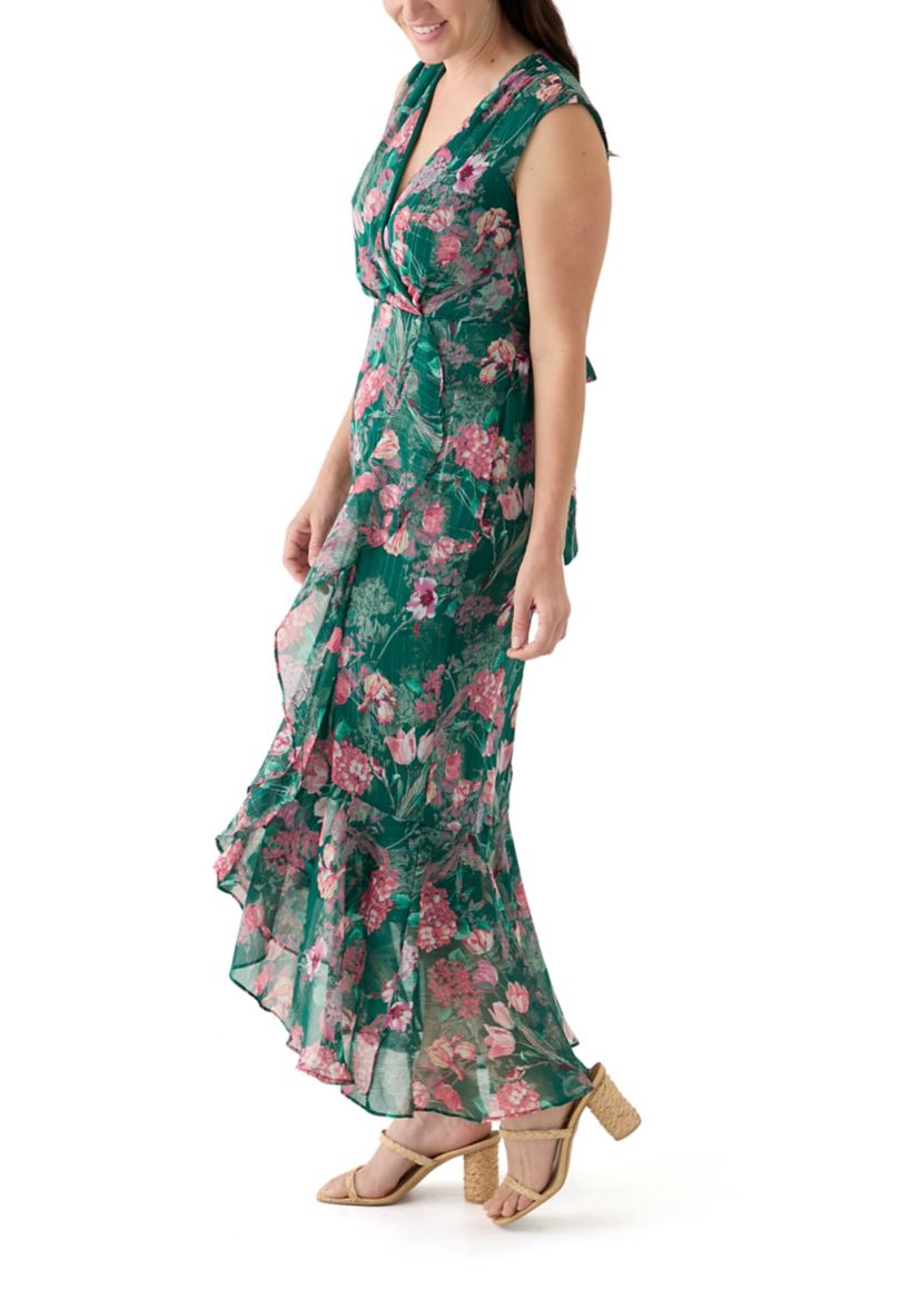 Womens Tie Waist Floral Chiffon Dress