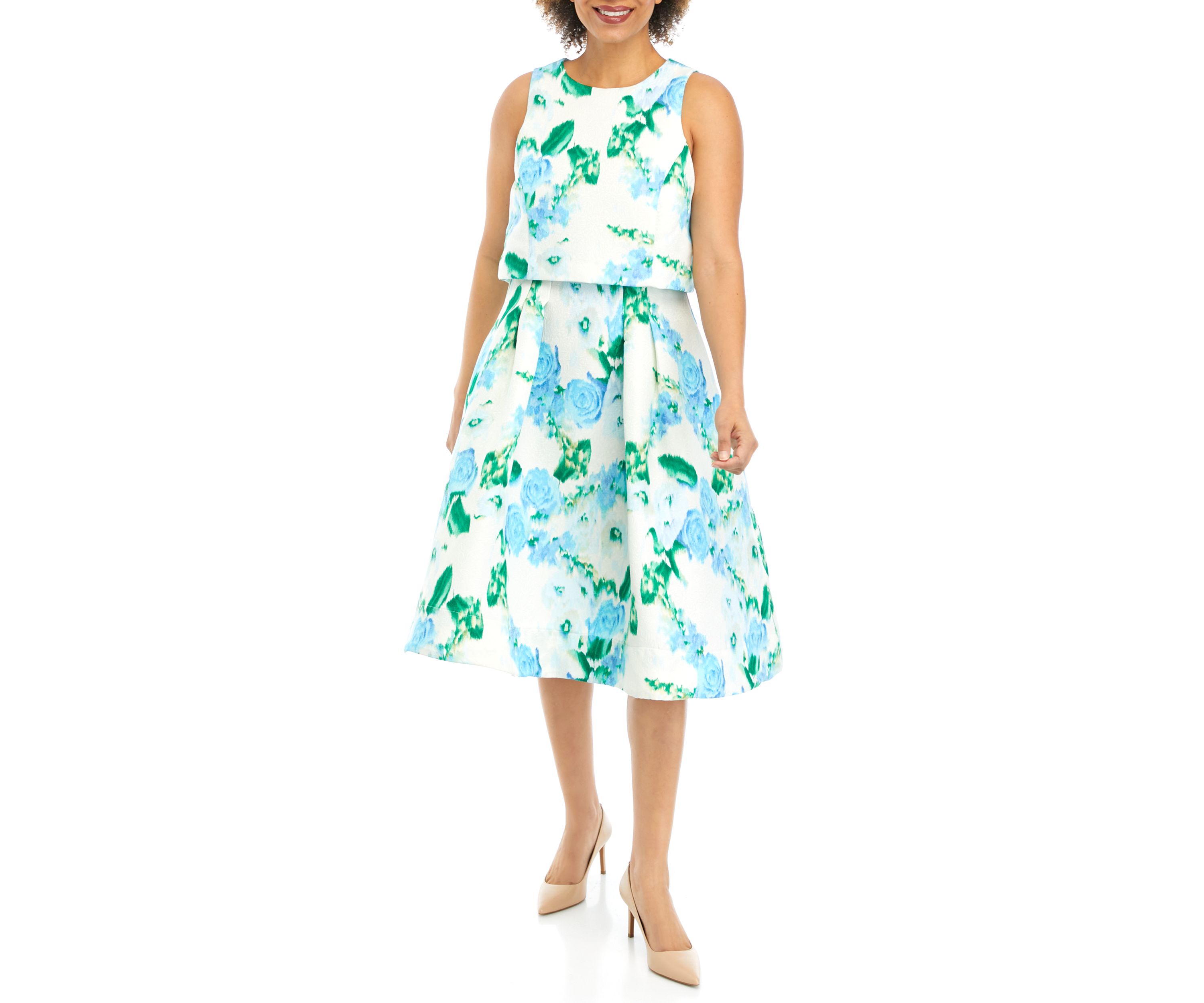 Womens Floral Printed Sleeveless Bouclé Fit and Flare Dress