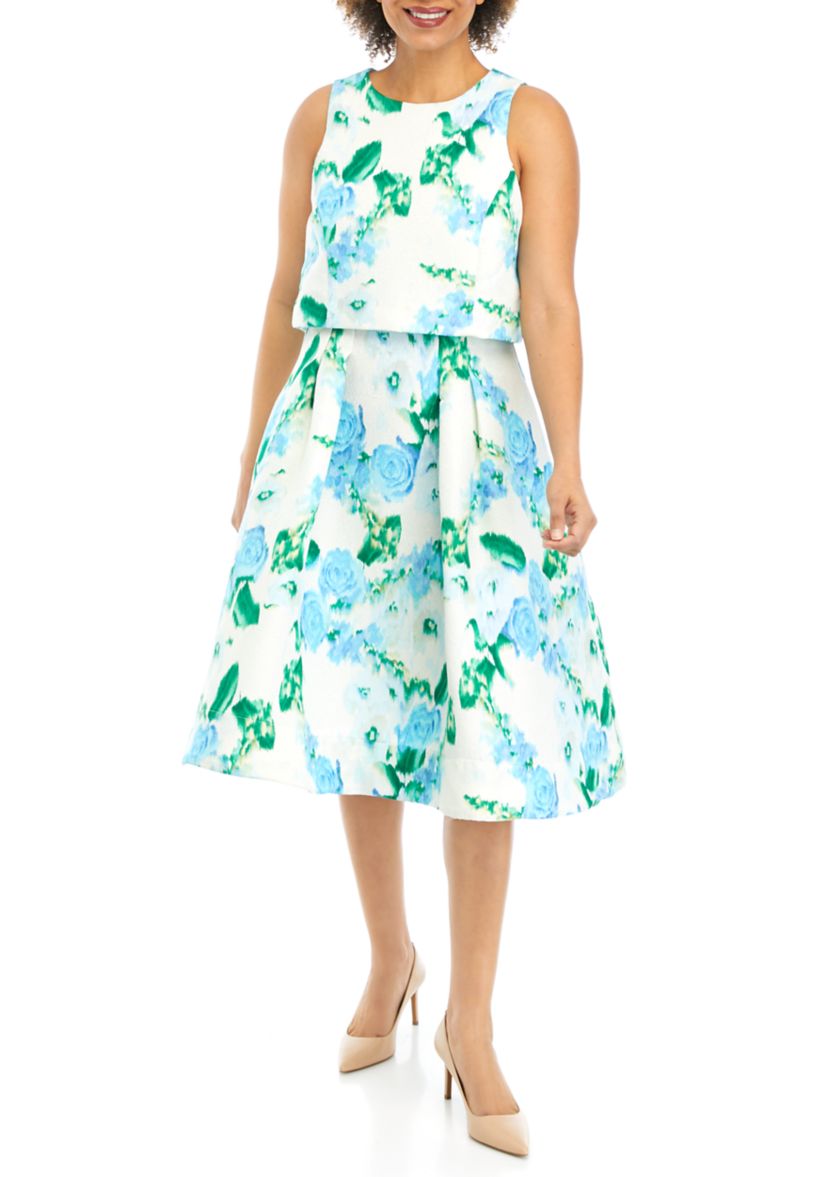 Womens Floral Printed Sleeveless Bouclé Fit and Flare Dress