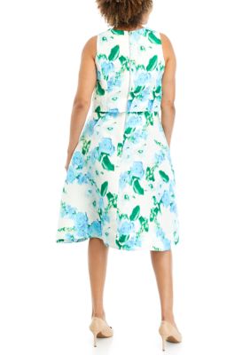 Women's Floral Printed Sleeveless Bouclé Fit and Flare Dress